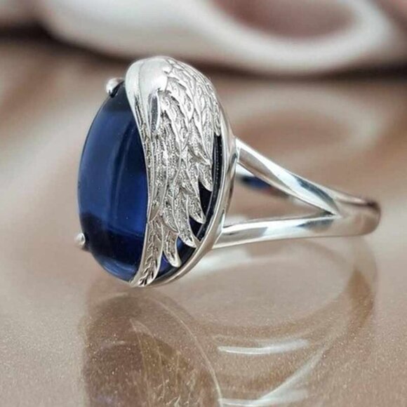 ✨ Dainty Angel Wings Oval Royal Blue Gemstone Silver Angel Wings Ring, VIP566 - Picture 6 of 6